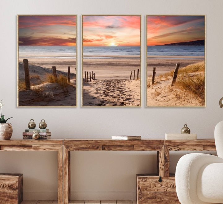 The Sunset on the Sea Wall Art Canvas Print beautifully captures a beach sunset and waves, enhanced with a UV-protective coating.