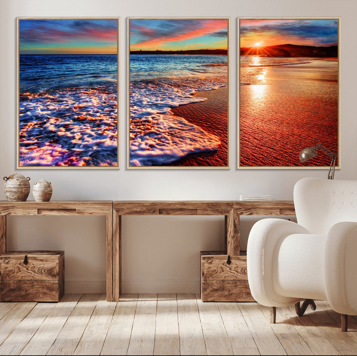 MGV-FC-60X30-3P - Colorful Coastal Sunset on the Beach Canvas Print, Ocean Waves Crashing at Dusk, Multi-Panel Seascape Vibrant Coastal Wall Art Canvas Print