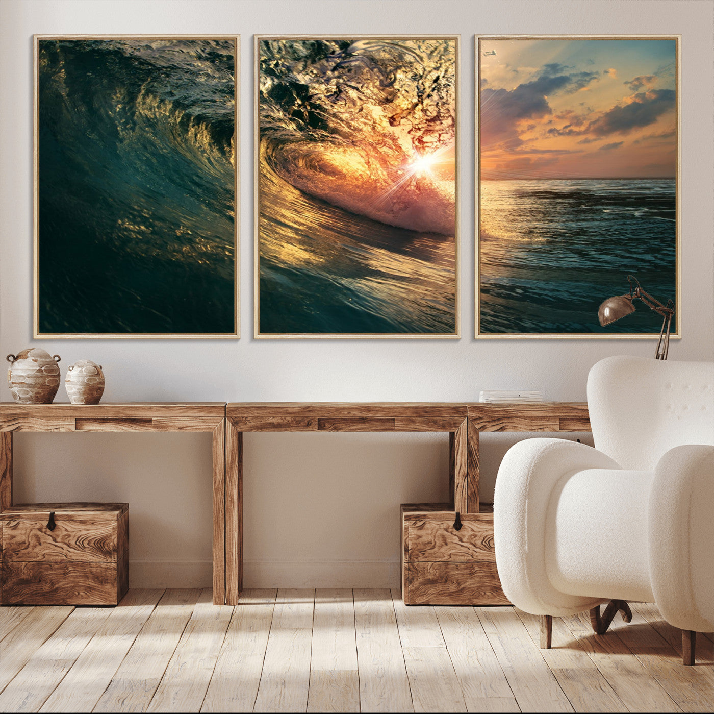 55359-MGV-FC-60X30-3P_Natural-Ocean Wave Sunset Canvas Wall Art – Triptych Seascape Print – Framed and Ready to Hang for Living