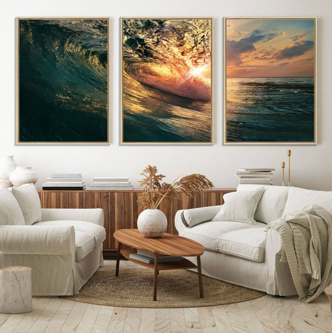 A triptych seascape titled Ocean Wave Sunset Canvas, featuring a stunning ocean view at sunset, is beautifully framed and ready to hang.