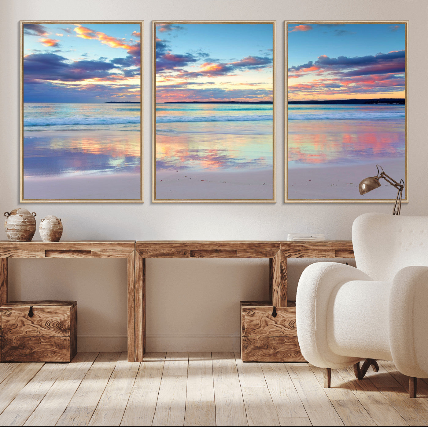 MGV-FC-60X30-3P - Tranquil Pastel Sunset Beach Triptych Canvas Art, Soothing Coastal Ocean Shoreline Giclee Print,