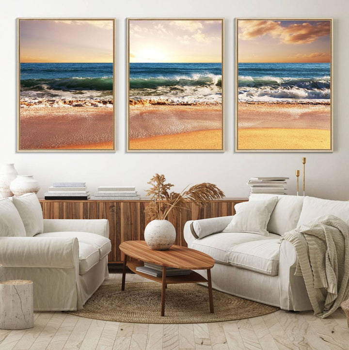 The wall features a Canon-quality Serene Beach Path canvas giclee print, depicting coastal dunes.