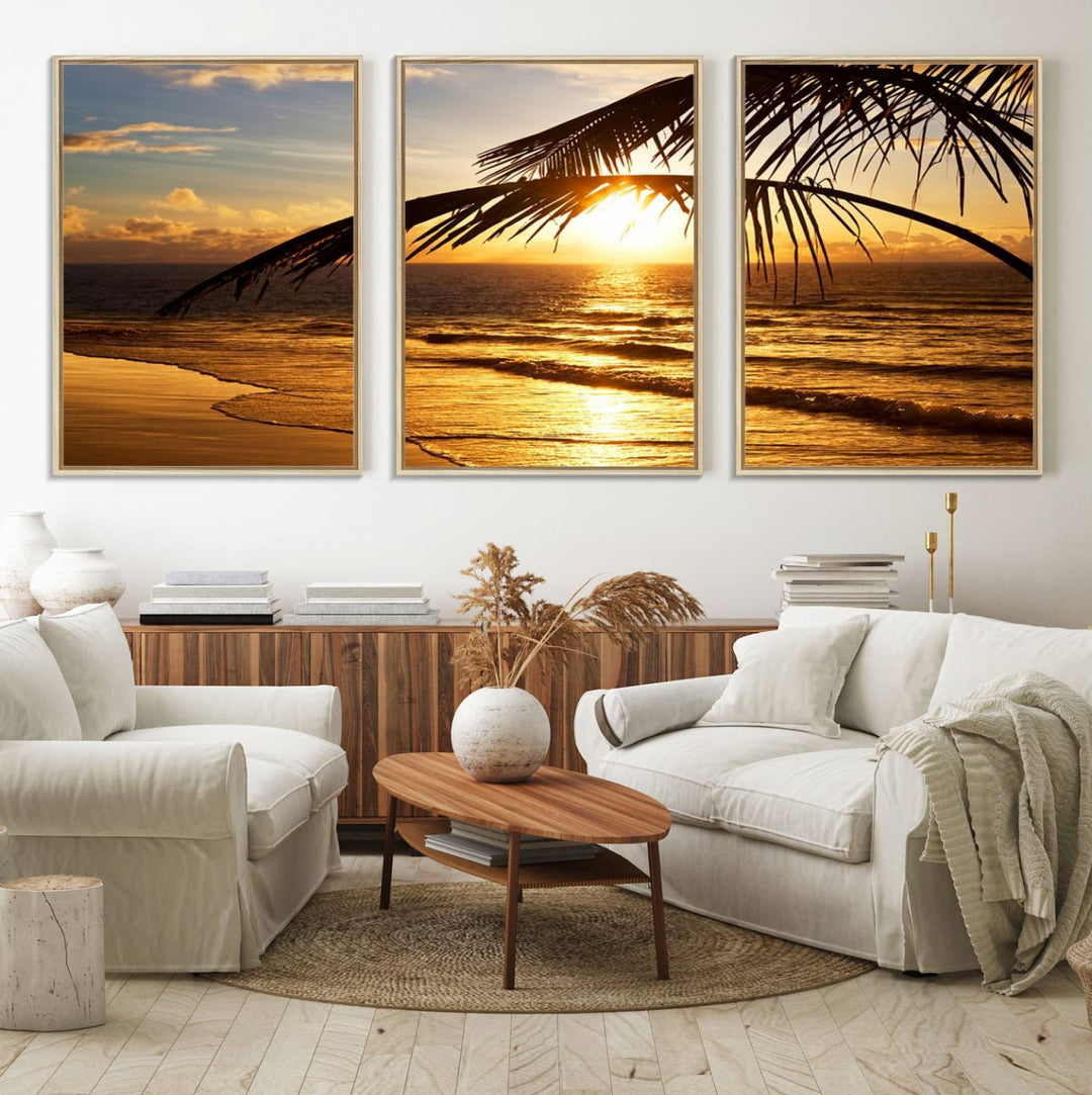 Golden Tropical Beach Sunset Canvas Triptych: Coastal Palm Art & Giclee Print with Gallery Wrap, capturing golden waves.