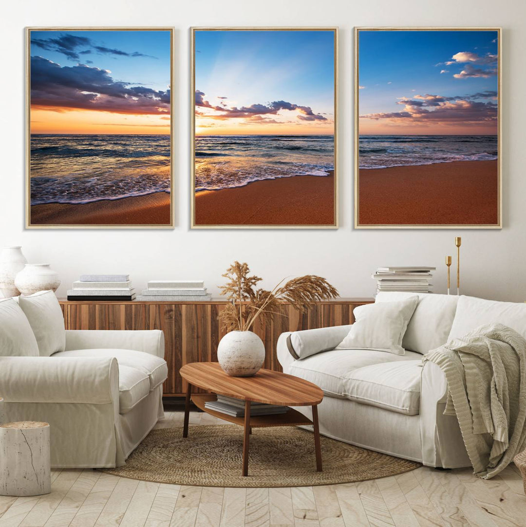 The living room showcases a Serene Ocean Sunset Canvas Print.