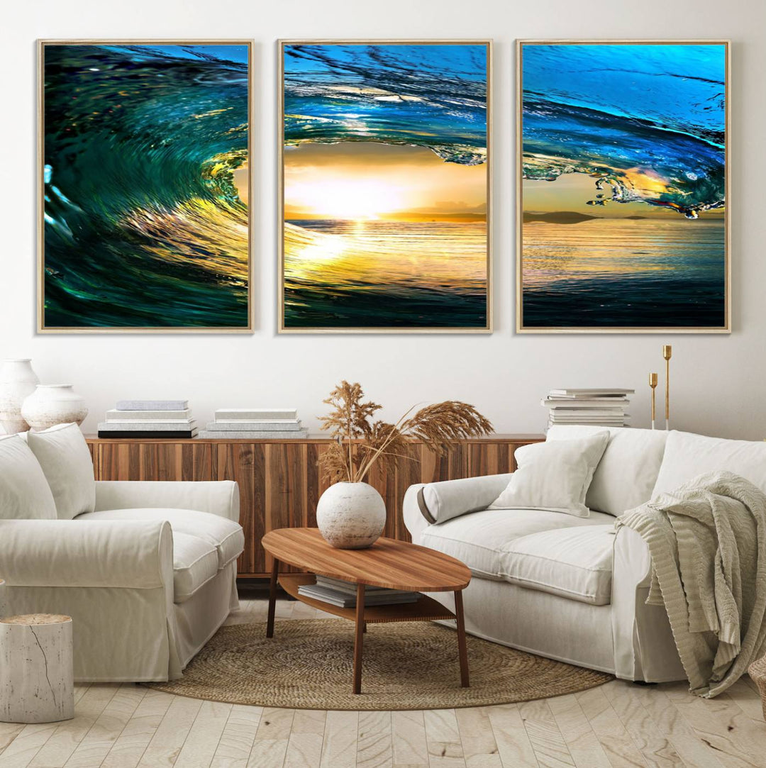 The Ocean Wave at Sunset Canvas Art exudes a coastal vibe.