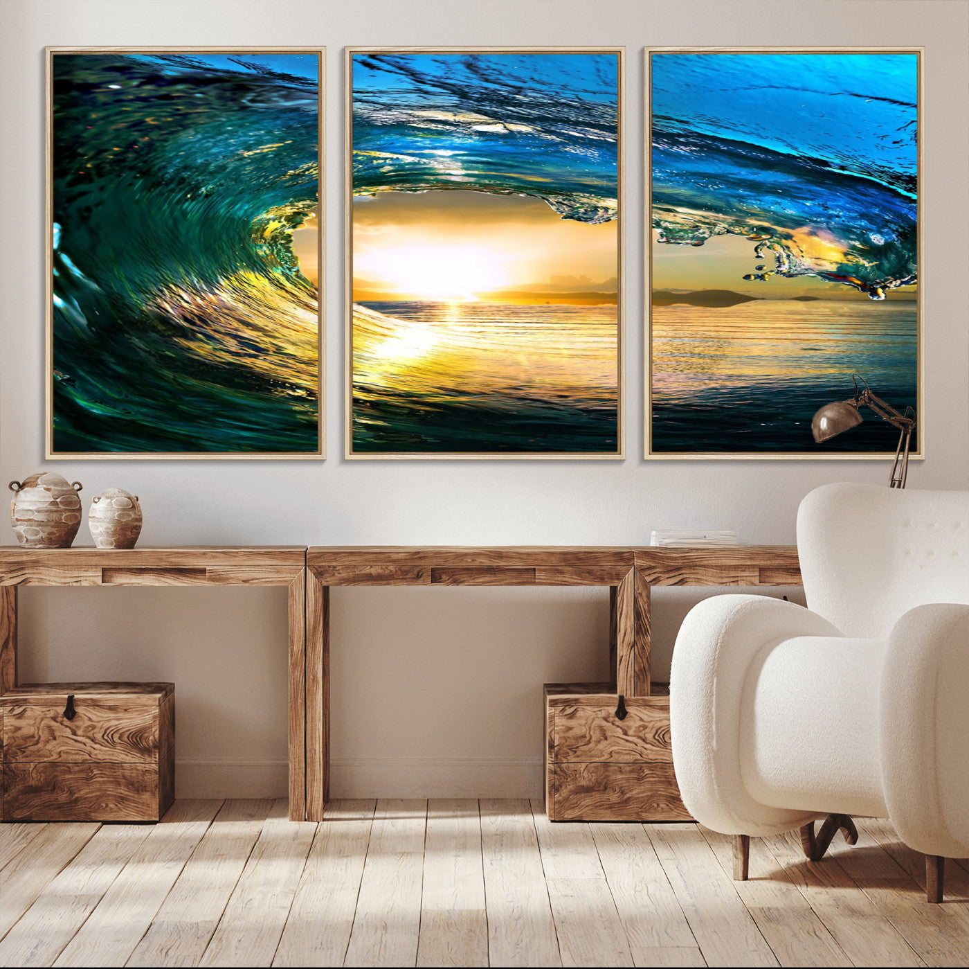 MGV-FC-60X30-3P - Ocean Wave at Sunset Canvas Art, Large Wall Print of Vibrant Water Waves, Coastal Art for Living Room and Dining Room