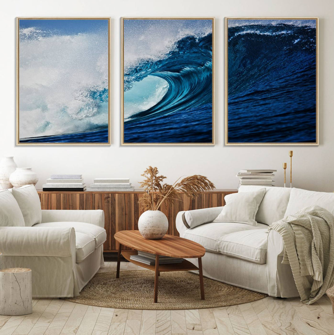 Ocean Wave at Sunset Canvas: A vibrant coastal art piece perfect for modern minimalist decor.