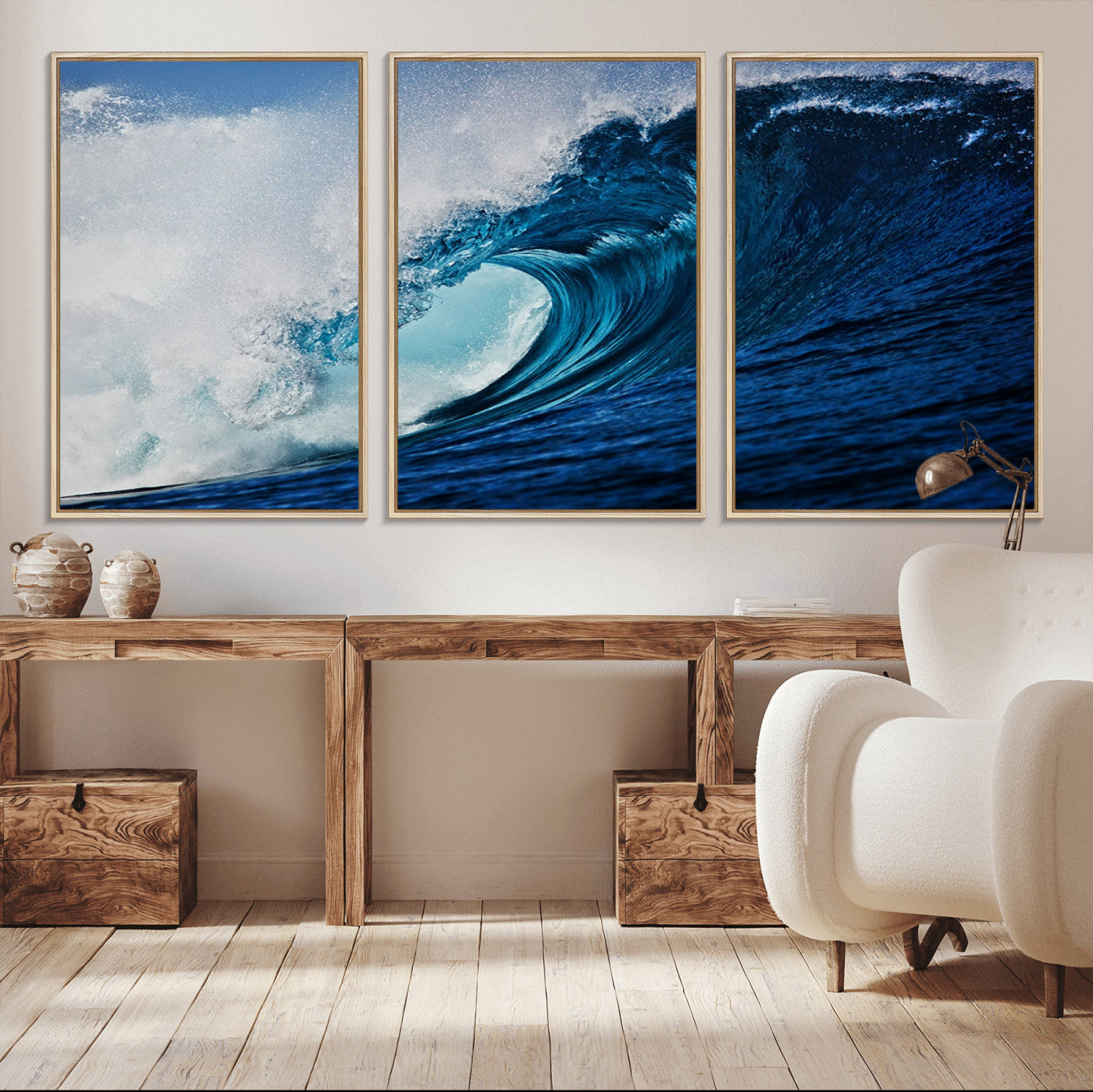 MGV-FC-60X30-3P - Ocean Wave at Sunset Canvas Art, Large Wall Print of Vibrant Water Waves, Coastal Art for Living