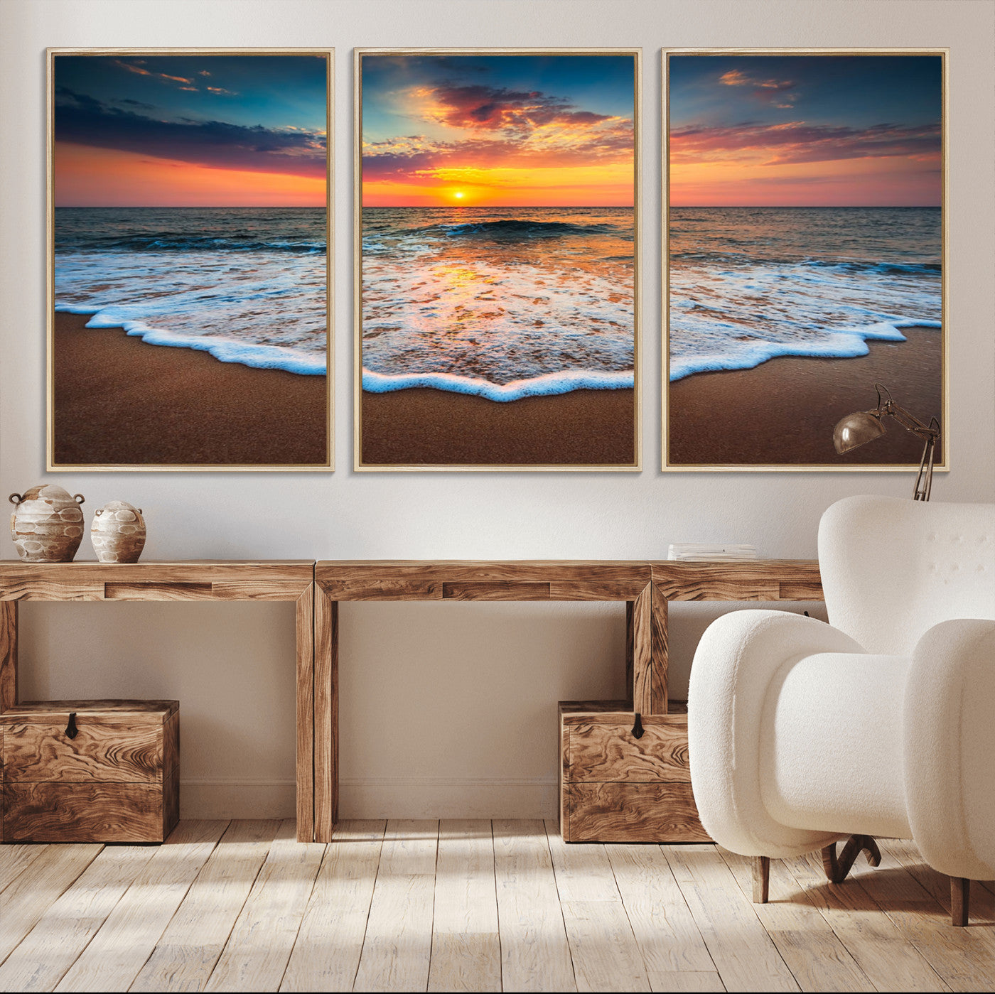 MGV-FC-60X30-3P - Sunset Beach Canvas Wall Art – Colorful Ocean Waves Triptych – Coastal Decor for Living Room or