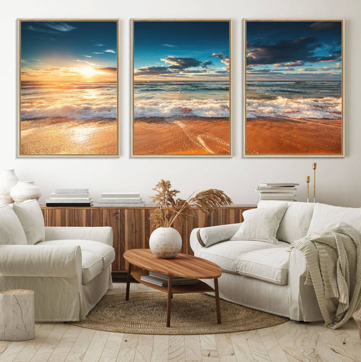 A Golden Sunset Beach Triptych Canvas Art hangs on a white wall.