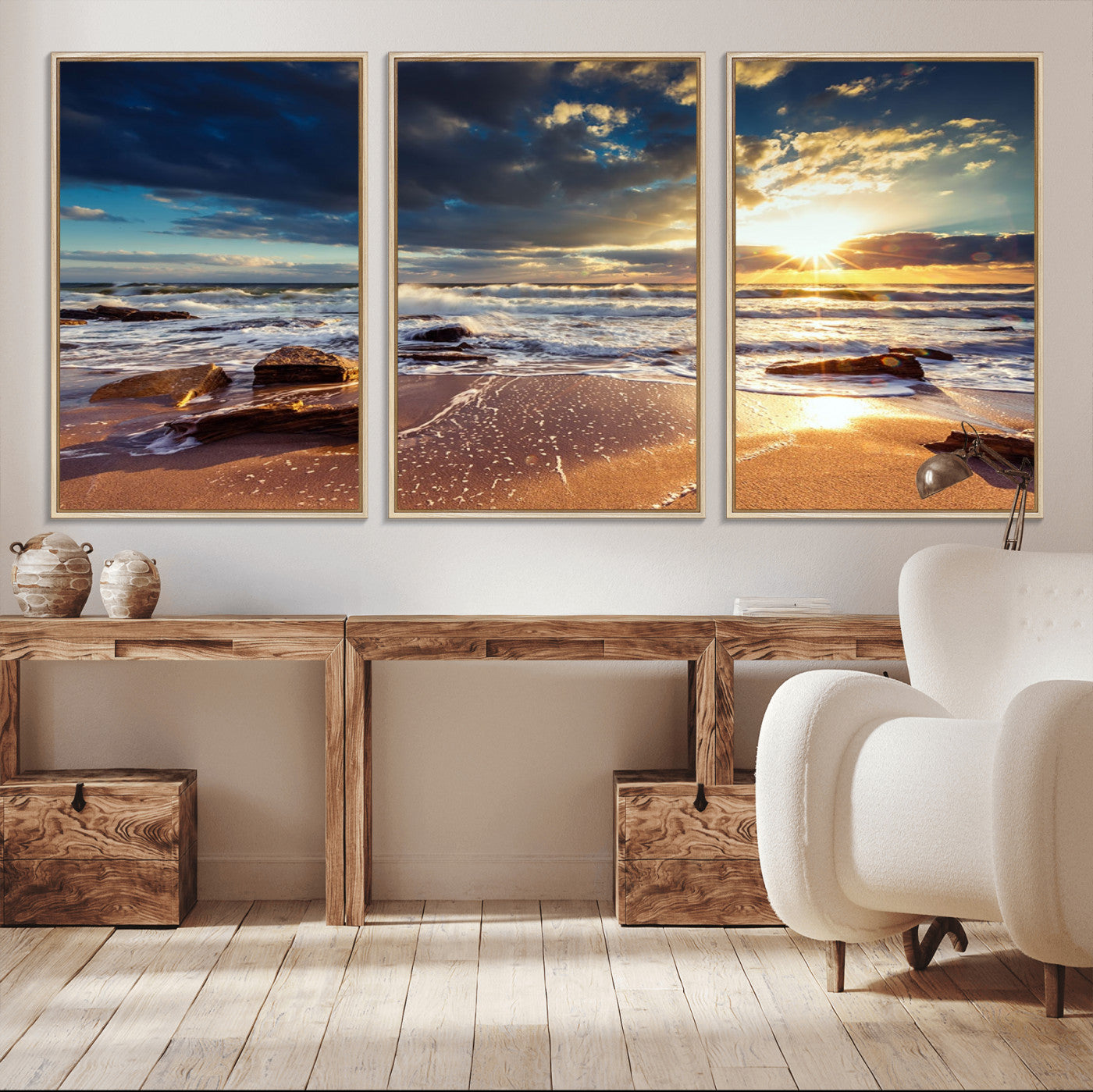 44481-MGV-FC-60X30-3P_Natural-Golden Hour Beach Sunset Canvas Triptych, Ocean Waves and Rocks Wall Art for Coastal Home Decor