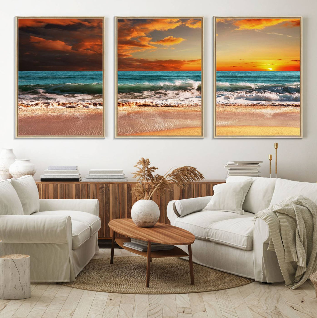 A Golden Sunset Beach triptych seascape canvas hangs on the wall.