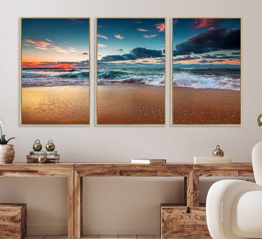 Sunset on Beach Wall Art: Waves under a vibrant sky. Crafted on museum-quality canvas, ready to hang and admire.