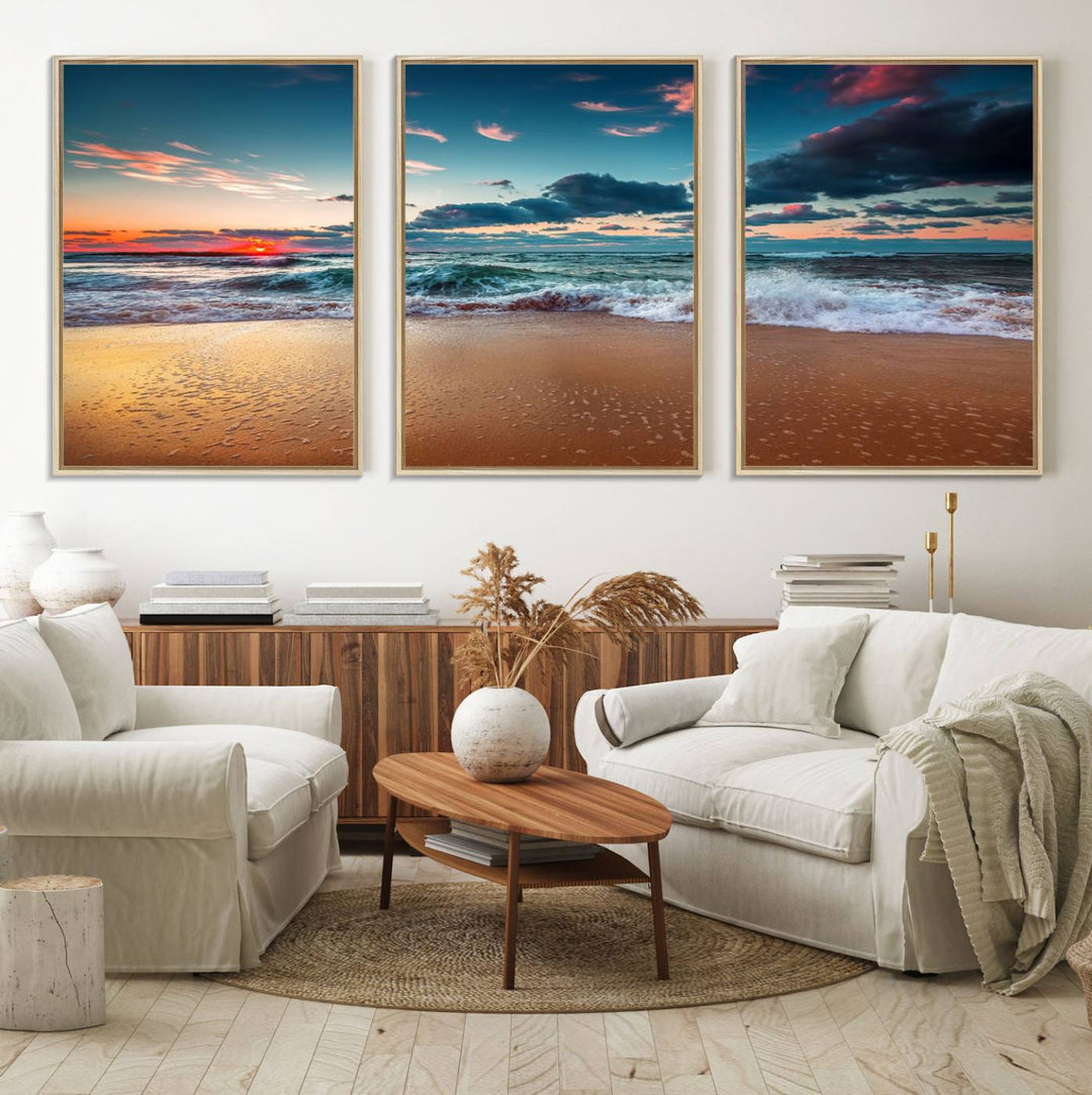 A large 3-panel sunset ocean beach canvas is displayed above the counter.