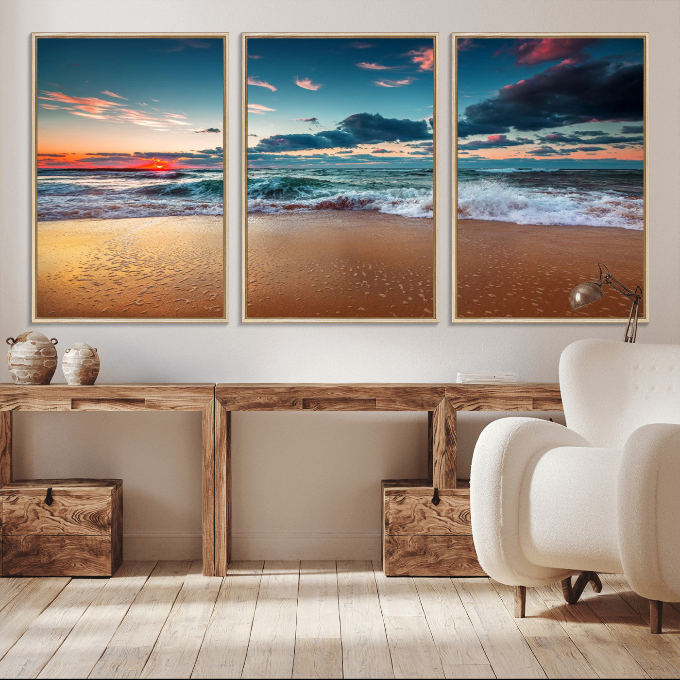 46642-MGV-FC-60X30-3P_Natural-Sunset Ocean Beach Wall Art – Giclee Canvas Print, Coastal Seascape, Ready to Hang, Beach Decor,