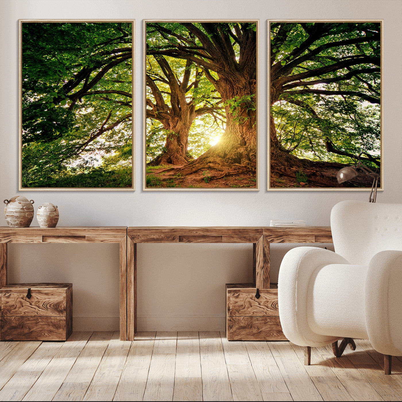 MGV-FC-60X30-3P - Majestic Ancient Tree Wall Art, NatureCanvas Print, Woodland Art, Tree of Life Artwork, Sunlit