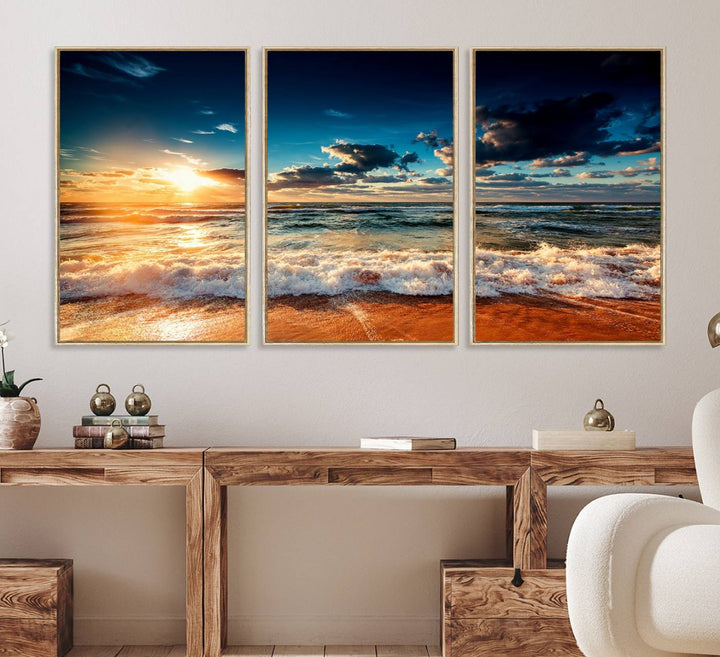 Golden Hour Sunset Over Ocean Waves Canvas: 3-Panel Coastal Landscape Art with Stunning Beach Photography Print.