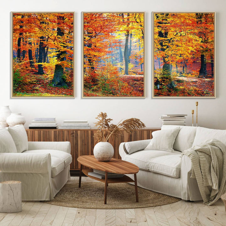 The room features an Autumn Red Forest Triptych Canvas Wall Art.