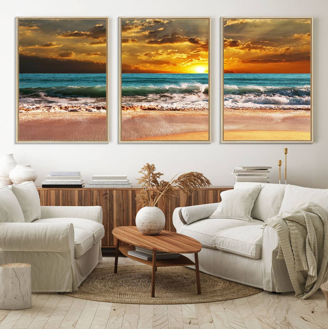 Golden Sunset Beach Canvas Triptych adorns the cozy room, creating a stunning focal point.