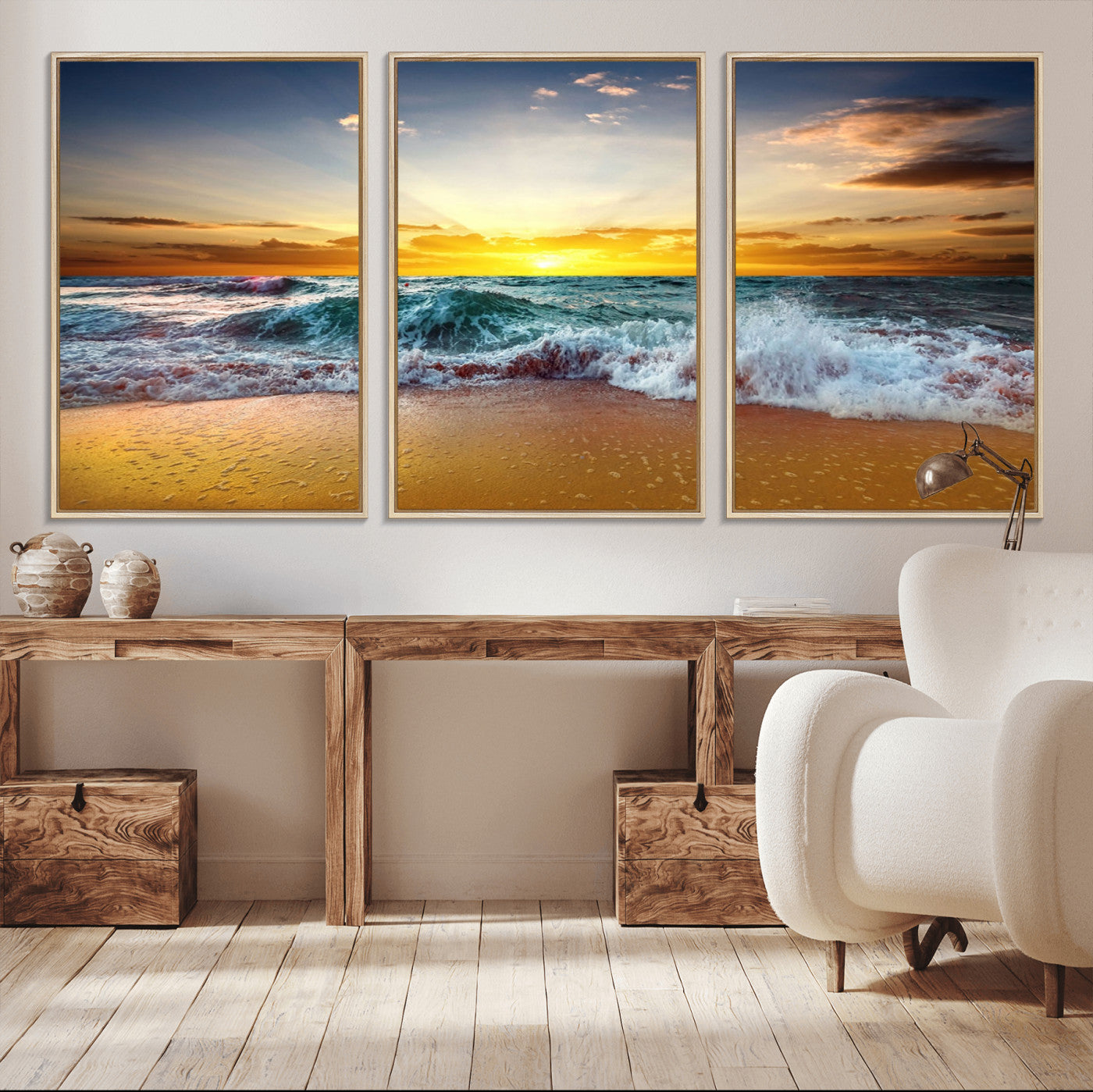 MGV-FC-60X30-3P - Golden Sunset Ocean Waves Wall Art Canvas Print – Multi Panel Beach Canvas Print Set – Large Coastal Triptych Print for Home or Farmhouse Decor