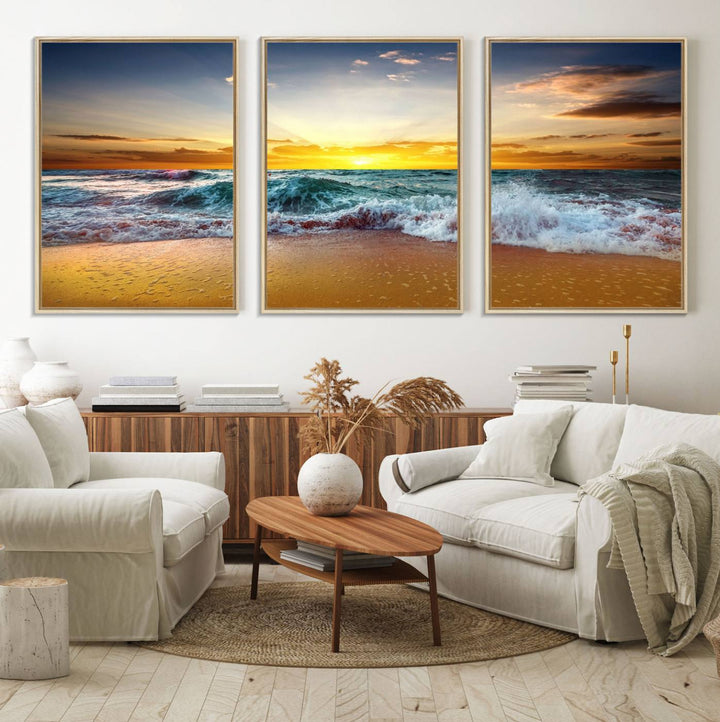 The kitchen features the Golden Sunset Ocean Waves multi-panel coastal wall art canvas.