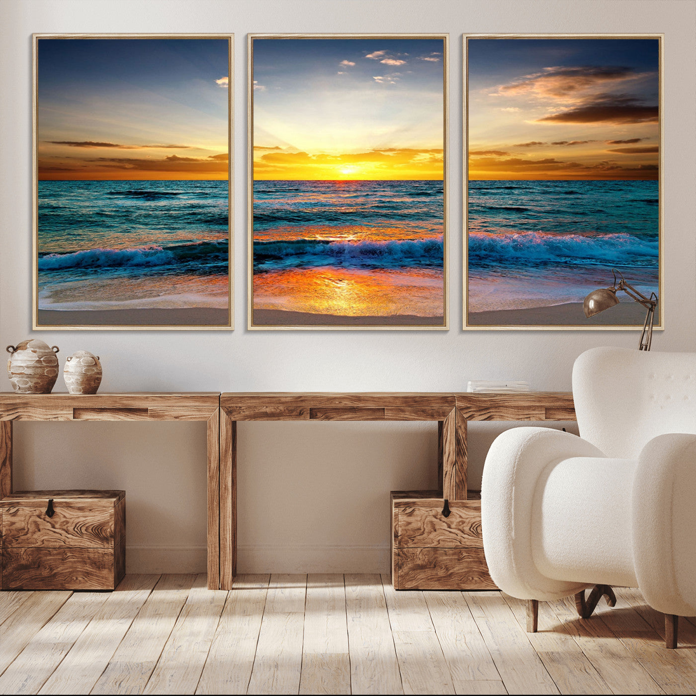 -Vibrant Ocean Sunrise Over Golden Beach Waves, Giclee Canvas Wall Art Set, High-Quality Stretched