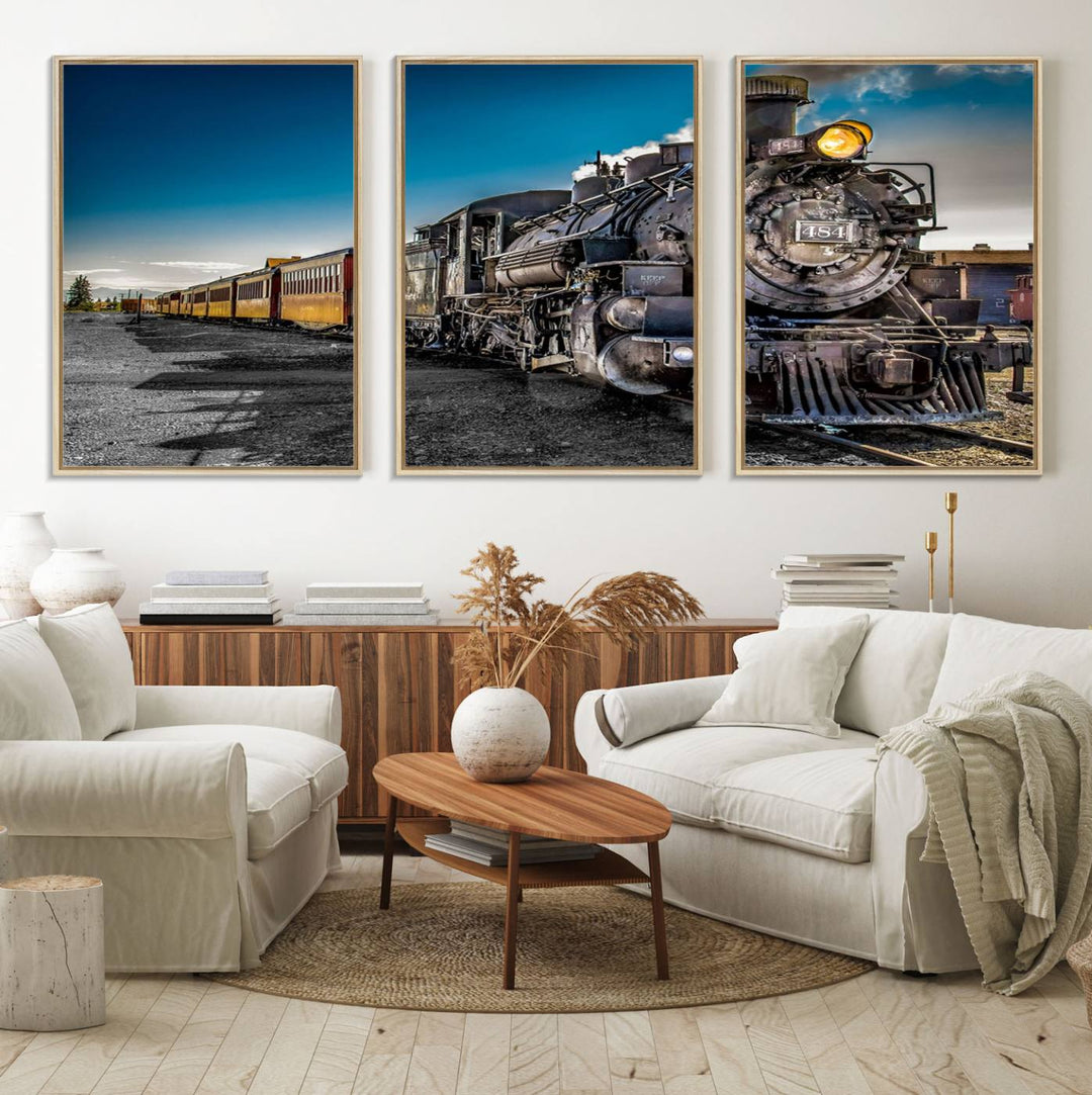 The Train Wall Art Canvas Print features a vintage steam train with a bright headlight.