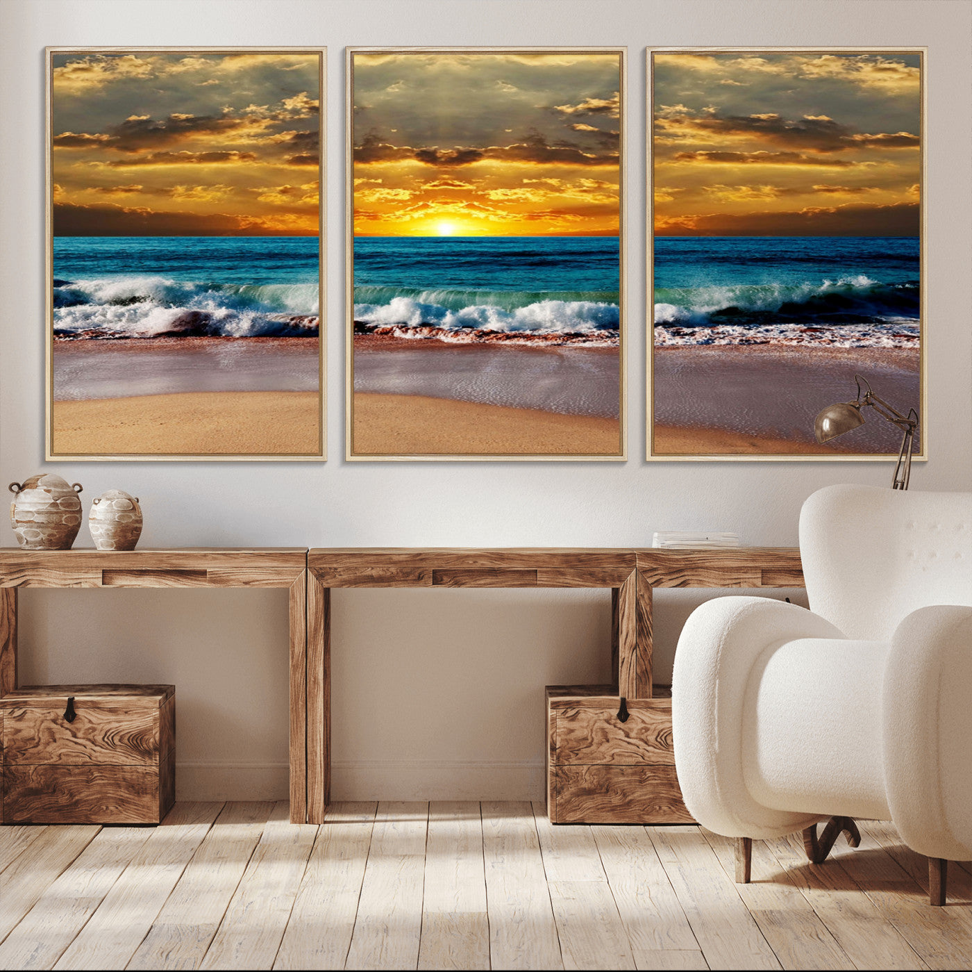 MGV-FC-60X30-3P - Ocean Sunrise Over Golden Beach Waves, Giclee Canvas Wall Art Set, High-Quality Stretched Canvas Print, Ready to Hang Coastal Sunset Wall Decor