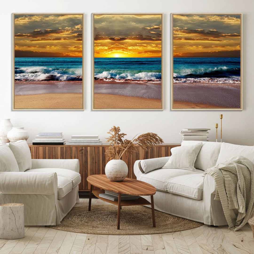 The Ocean Sunrise Over Golden Beach Waves wall art is prominently displayed, capturing the serene beauty of a beach at sunrise.