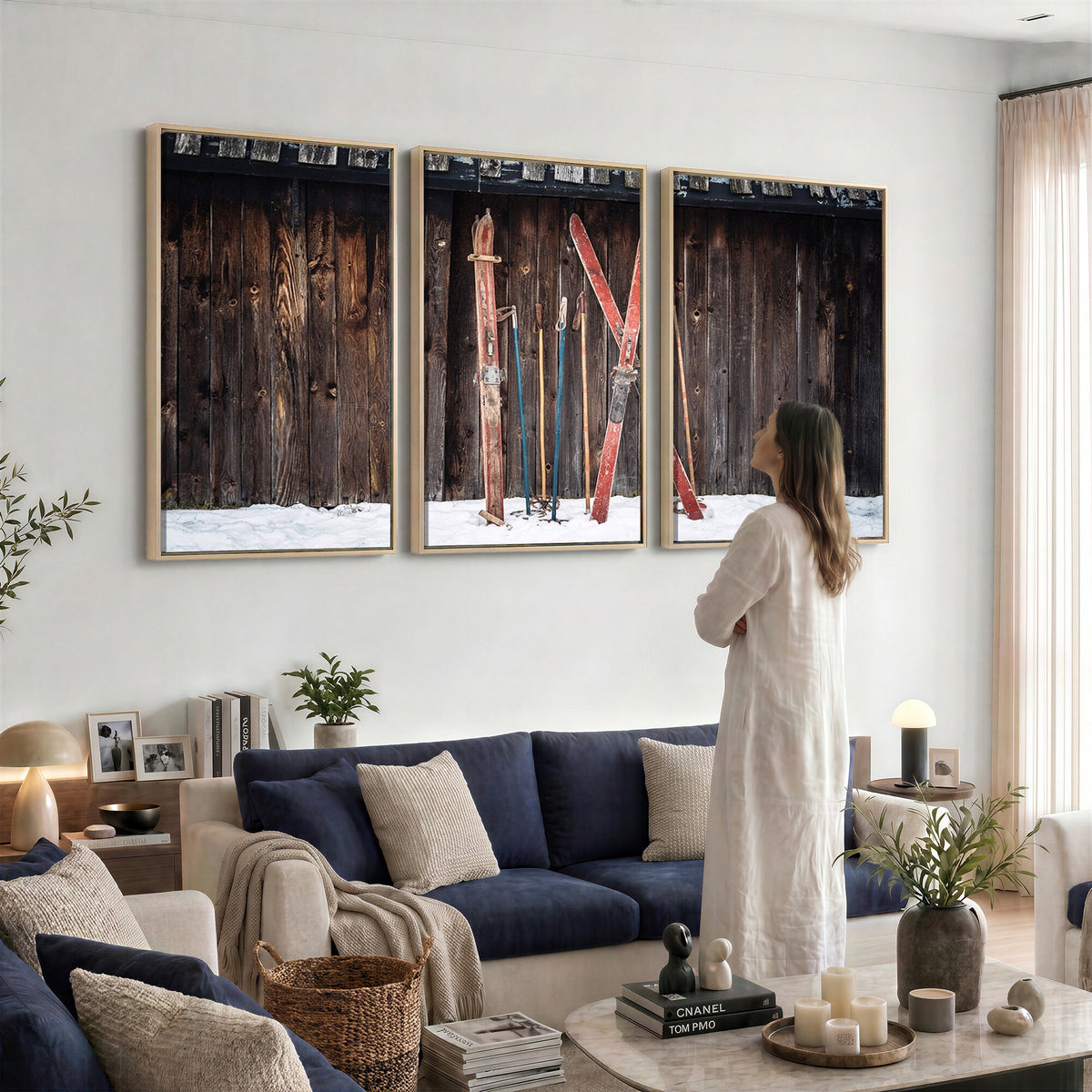 78590-MGV-CV-36X24 - Vintage Ski Gear Canvas Print, Vintage Ski Gear Against Wooden Cabin Wall