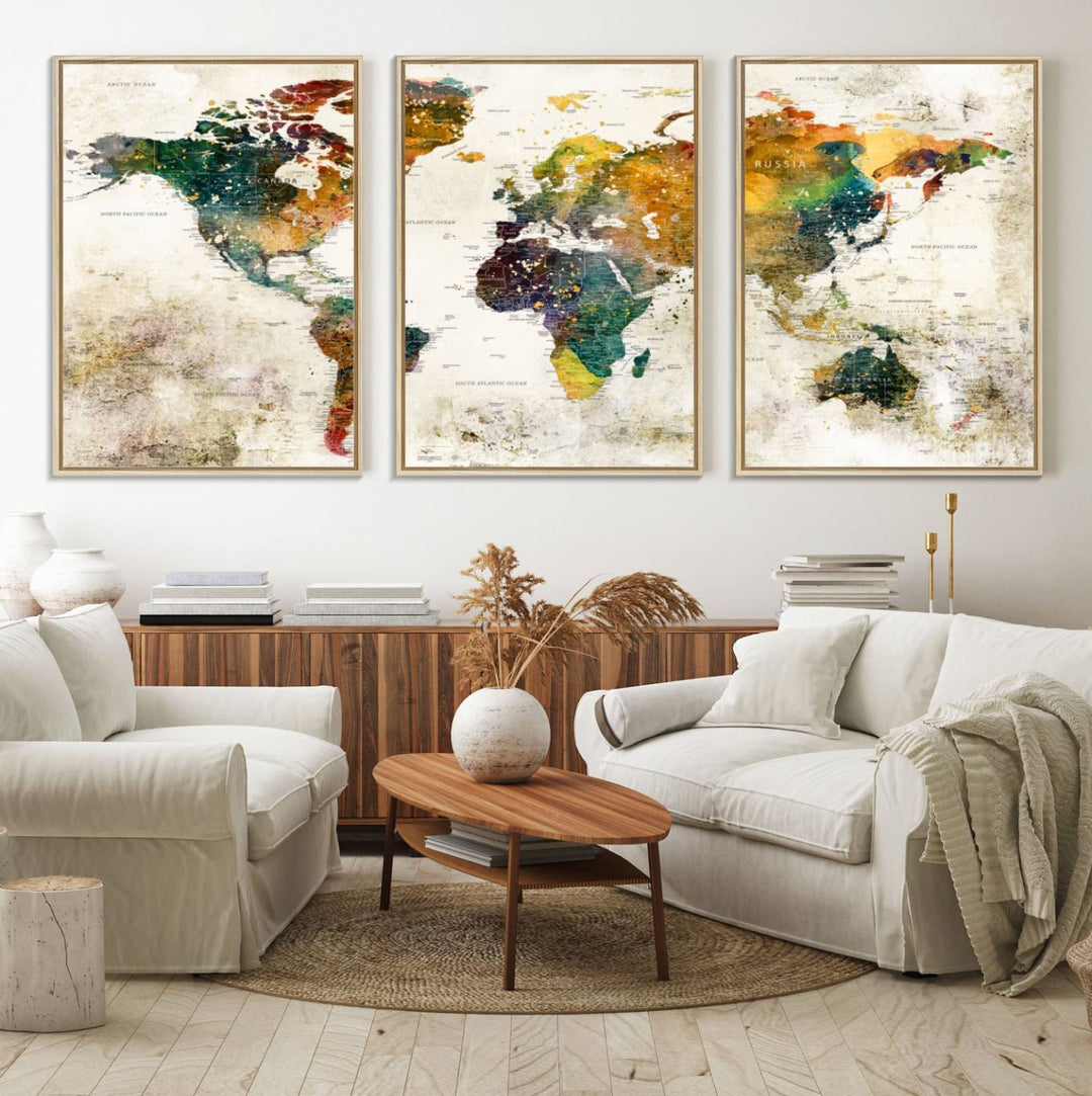 A 3-panel vintage world map canvas art is displayed.