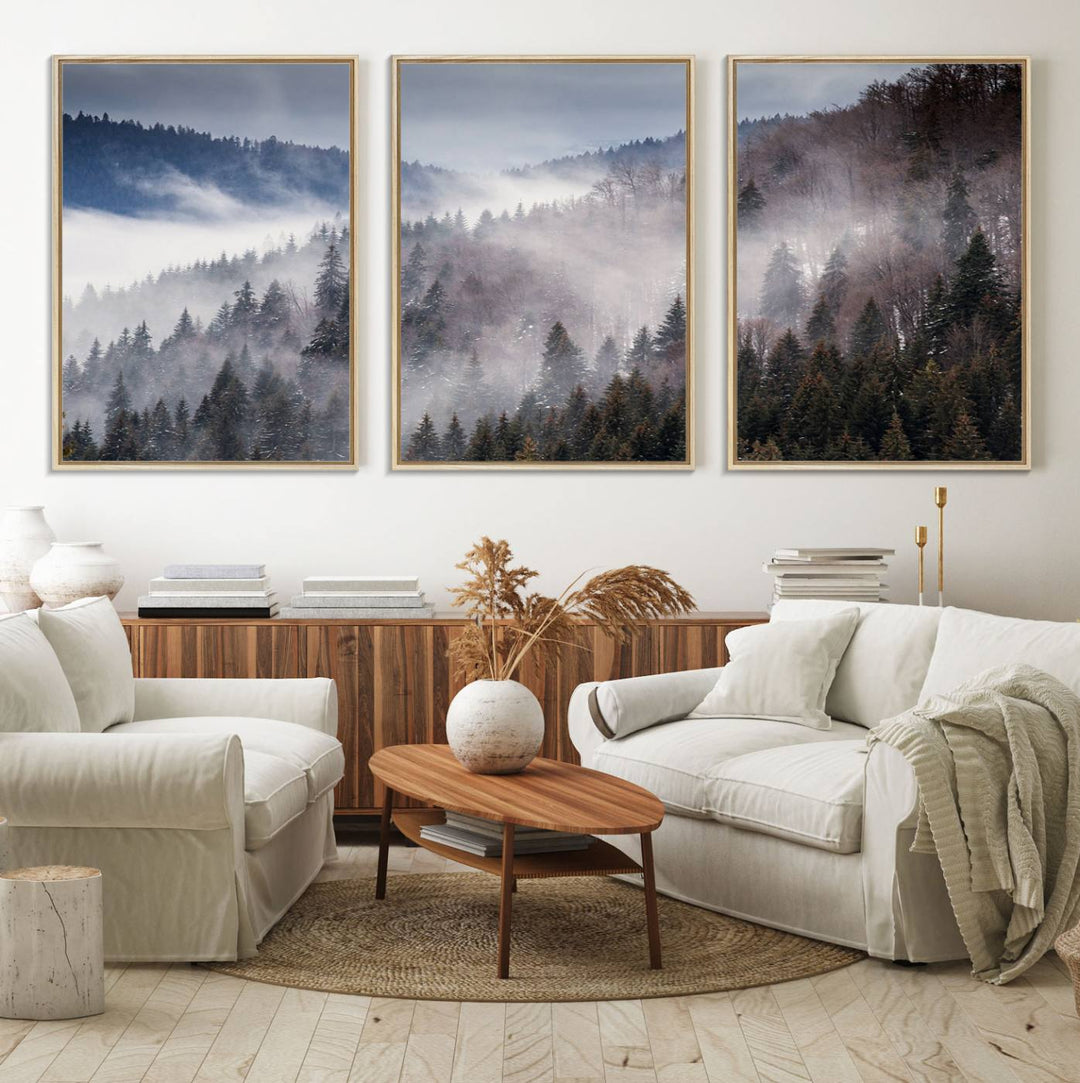 A museum-quality canvas of Beautiful Rising Fog in Winter Mountain Landscape hangs on the wall.