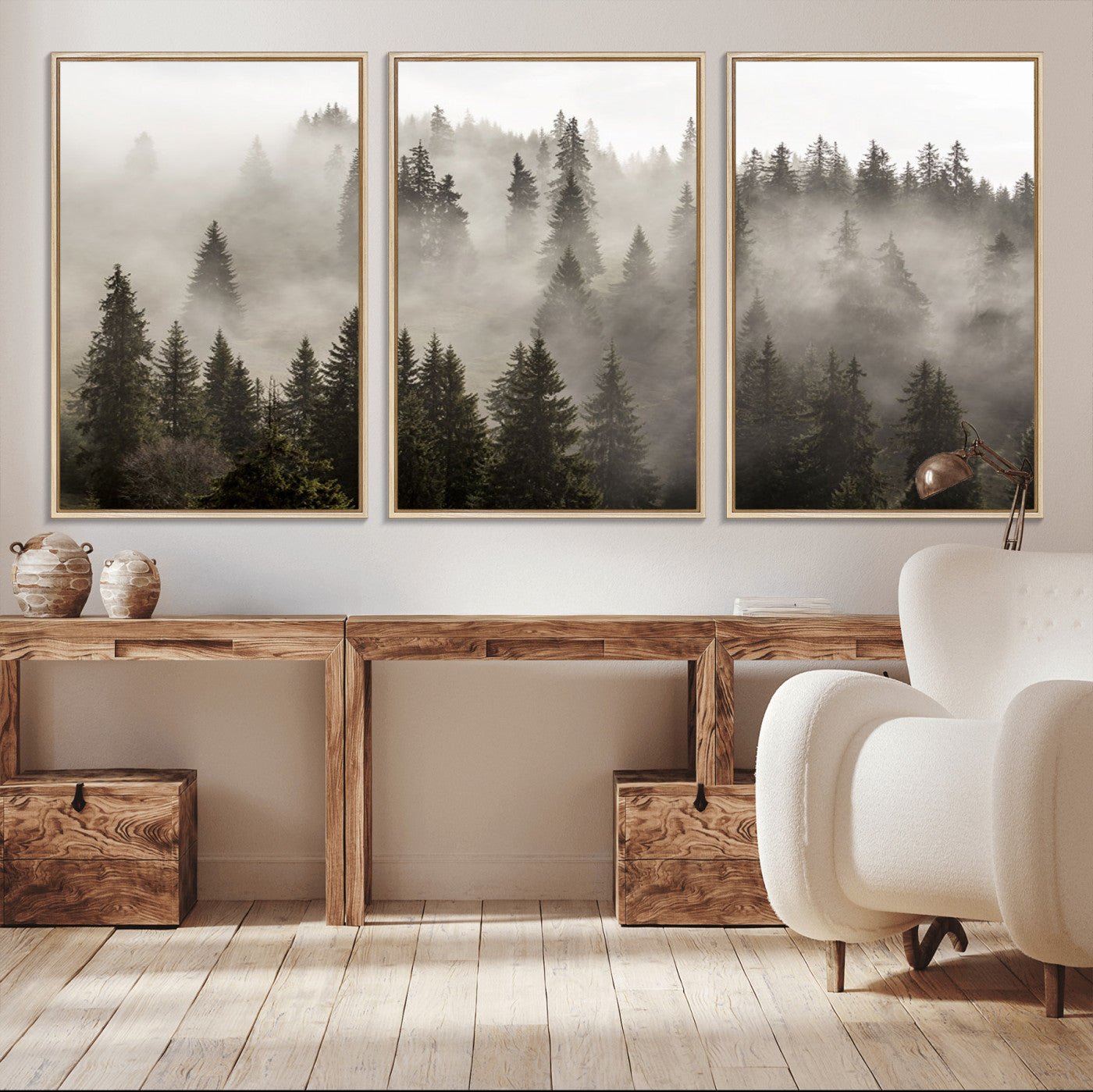 62862-MGV-CV-36X24-Foggy Mountain Wall Art | 3-Panel Foggy Forest and Mountain Landscape | Large Giclee Print for