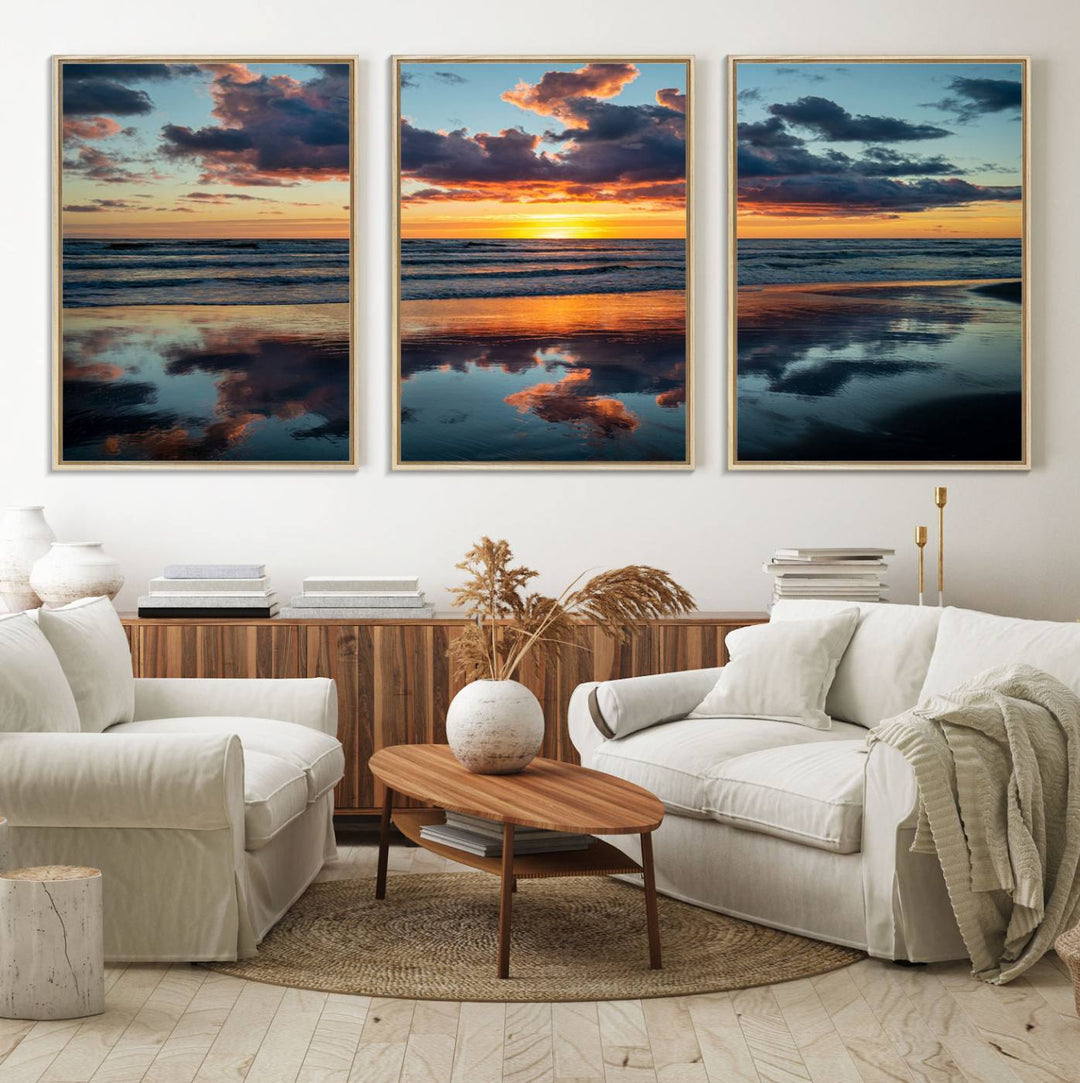 A Beach Sunset Print - Stunning Ocean Canvas Artwork adorns the wall.