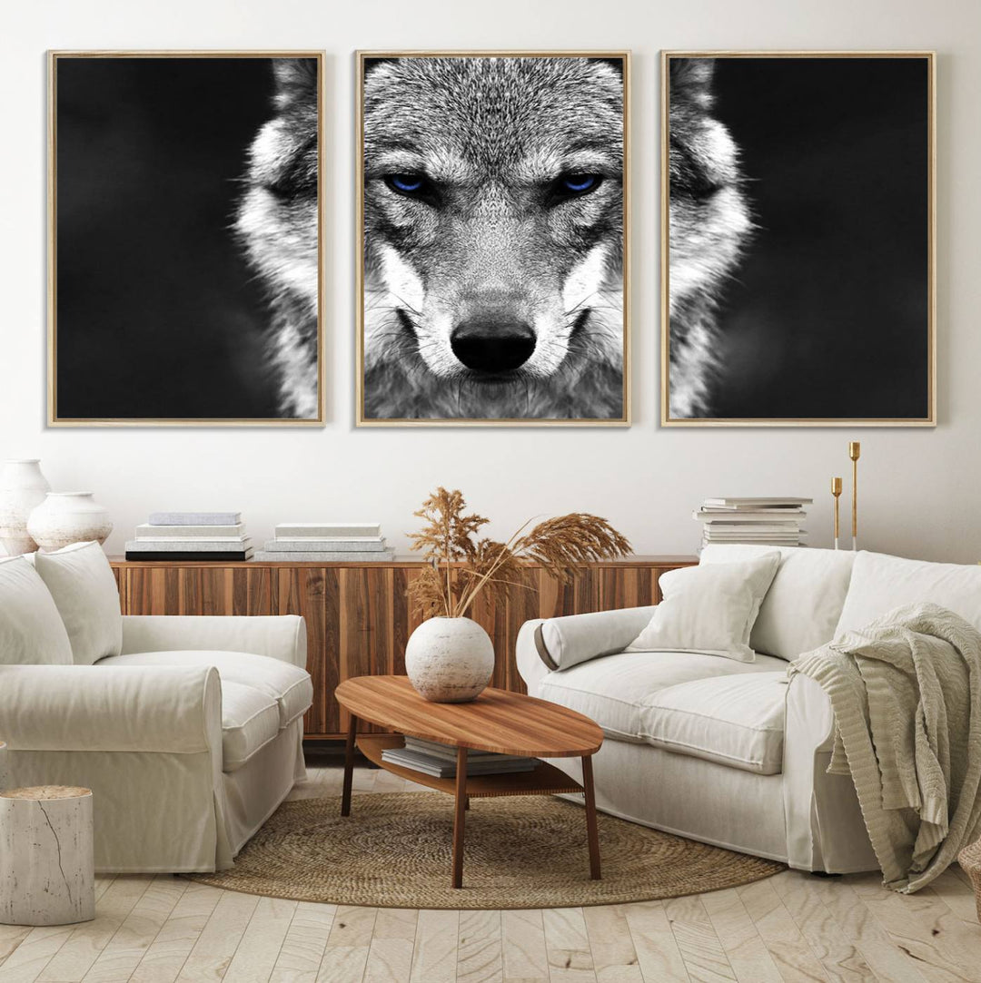 A ready-to-hang Black and White Wild Wolf Wall Art Canvas Print.