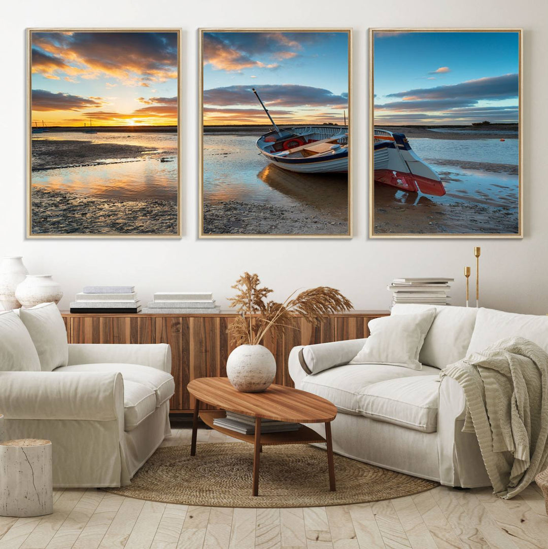 The Small Boat At The Beach Sunset wall art canvas print features UV coating, is museum-quality, and is ready to hang.