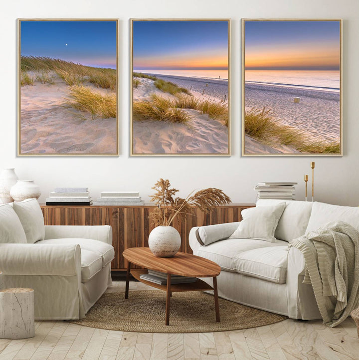 The cozy kitchen features the Sunrise On The Beach canvas art.