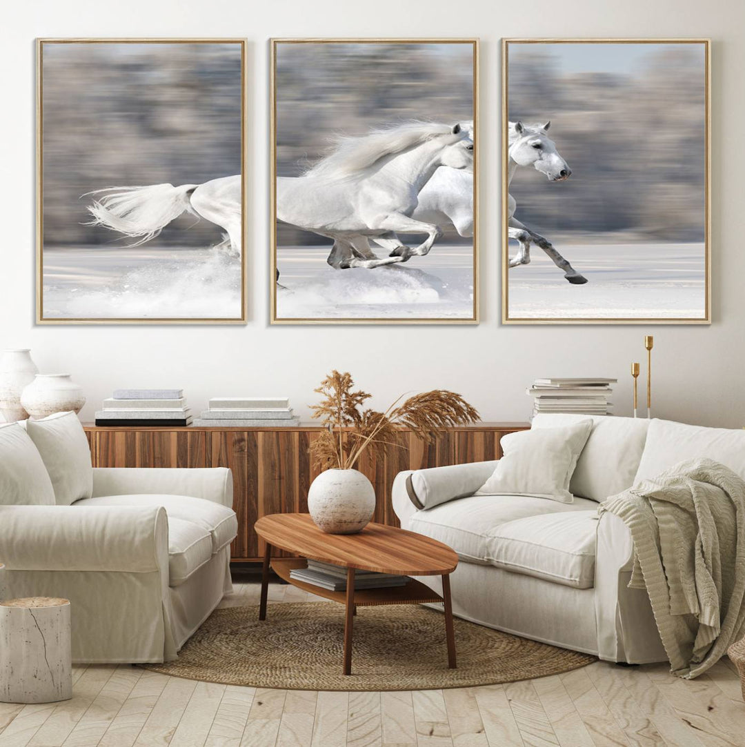 Museum-quality All The White Horses canvas print of two white horses in snow, ready to hang.