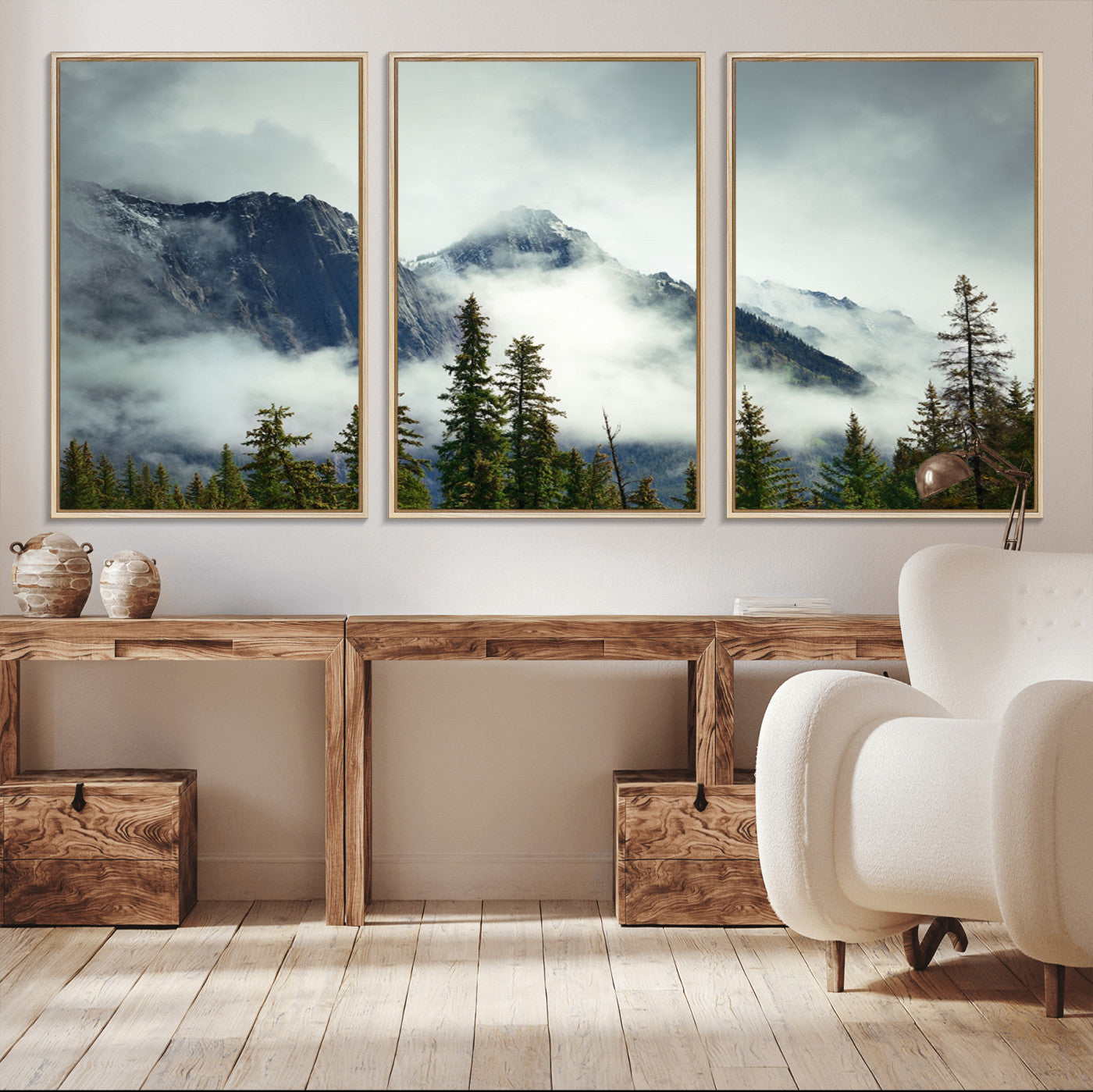 93219-MGV-CV-36X24-Mountain Mist Canvas Wall Art Print | 3-Panel Foggy Forest and Mountain Landscape | Large Giclee