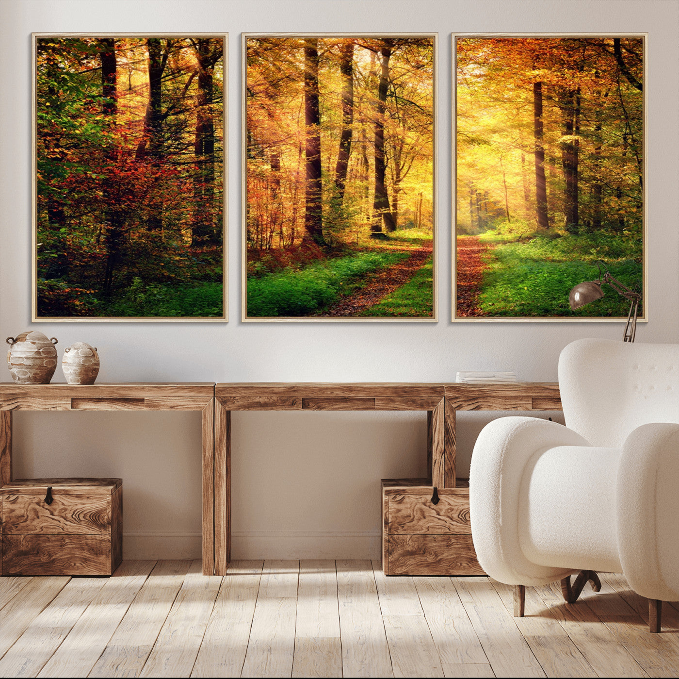 MGV-FC-60X30-3P - Sunlight Through Trees Wall Art Canvas Print - Autumn Forest Wall Art Canvas Print