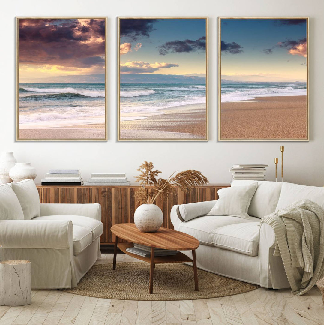 The dining area is enhanced with the Cloudy Weather Beach Sunset Canvas Print.