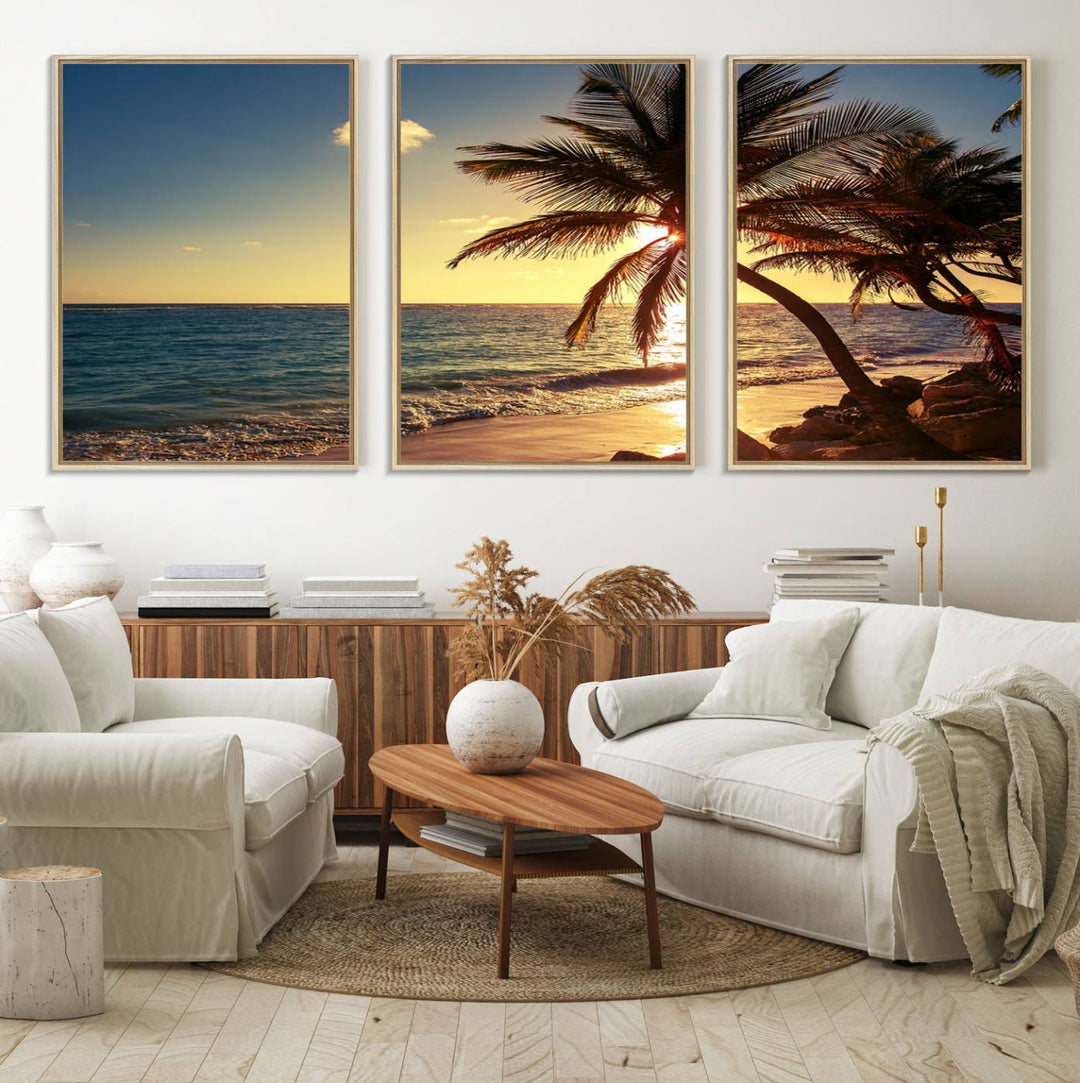 Sunset Palm Trees Wall Art Canvas Print: a serene beach scene on museum-quality canvas.