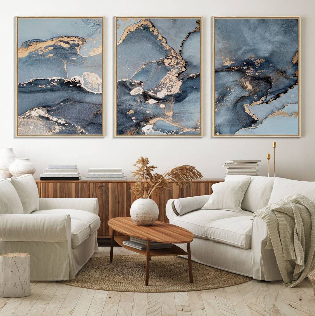 A Multipanel Marble Fluid Effect Canvas Print hangs prominently on the wall.