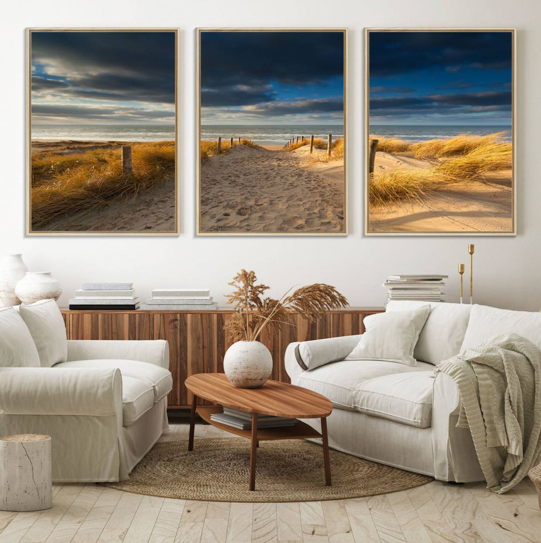 Museum-quality Ocean Beach Dark Clouds canvas print.