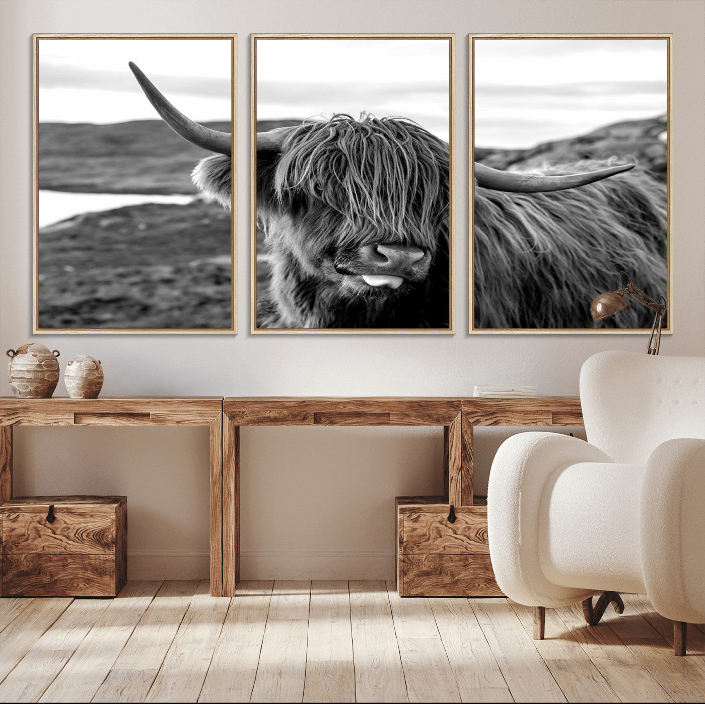MGV-FC-60X30-3P - Longhorn Steer Canvas Print Wall Art, Highland Cow Canvas Wall Art – Black and White Animal Portrait