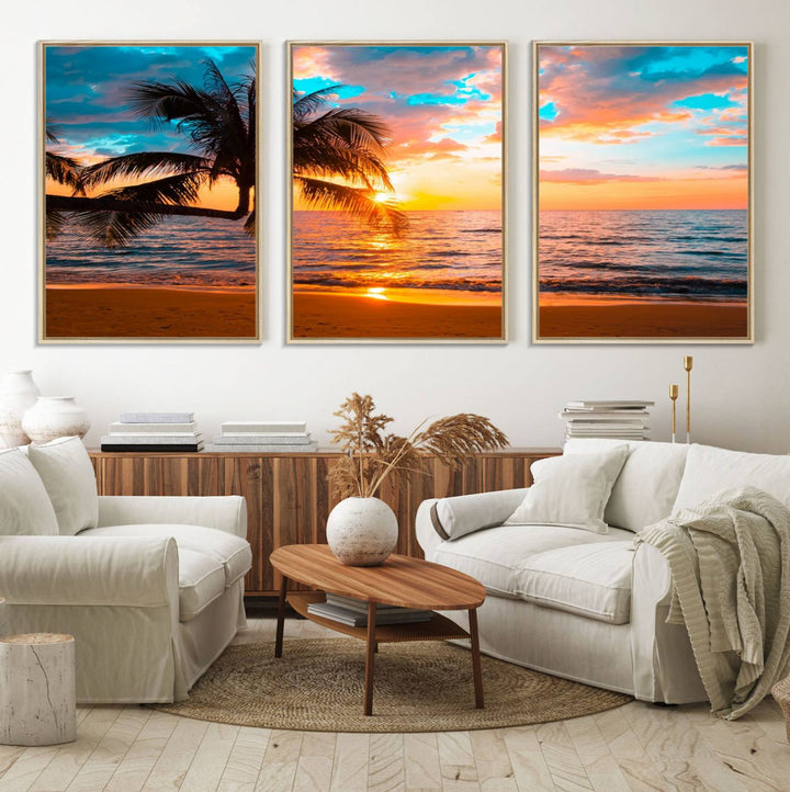 The Palm Tree Sunset On The Beach ready-to-hang canvas wall art—museum quality—brings a serene atmosphere to the room.