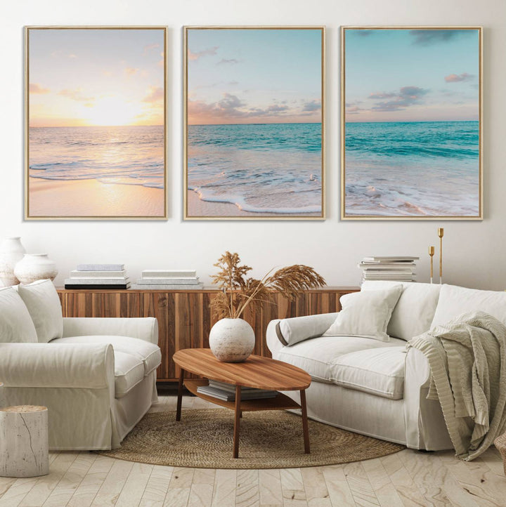 The room features a 3-panel Tranquil Ocean Beach Sunset Canvas Wall Art.