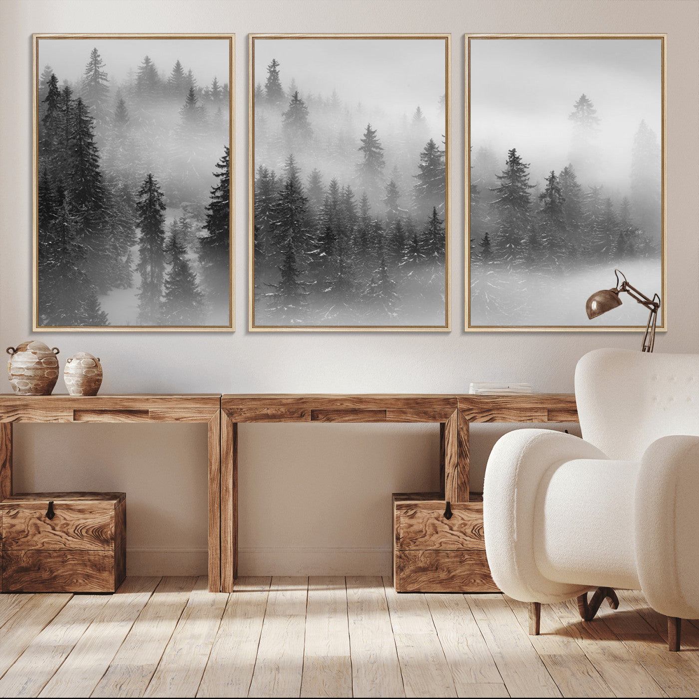 MGV-FC-60X30-3P - Foggy Misty Forest Canvas Wall Art – Black and White Landscape – Framed and Ready to Hang Modern