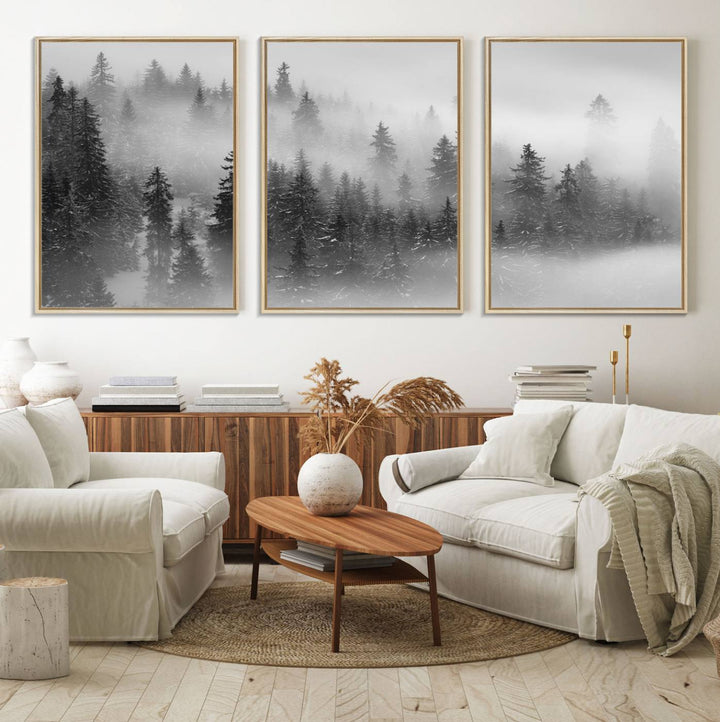 A stunning Foggy Misty Forest Canvas Wall Art adorns the kitchen wall.