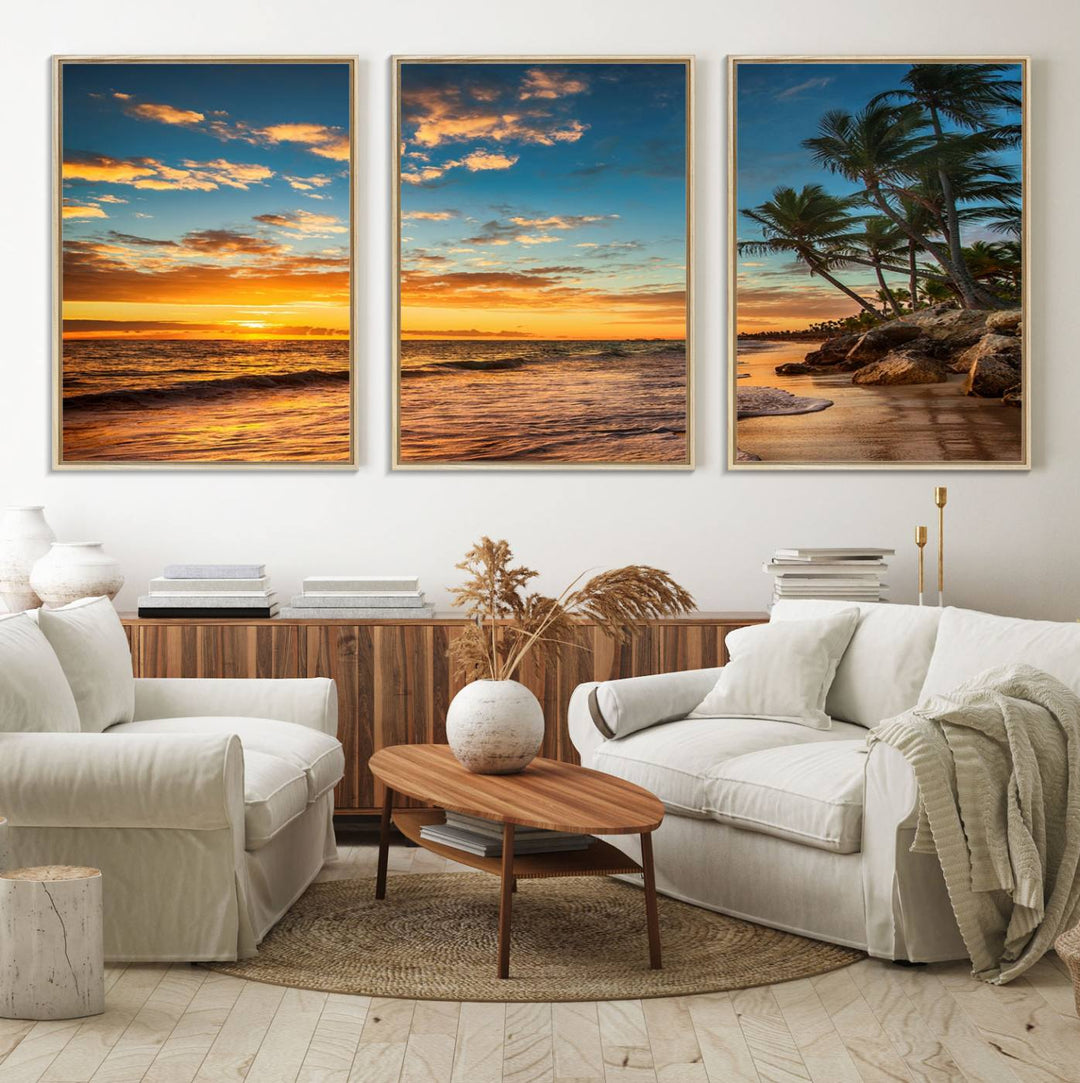 A stunning beach sunset on a museum-quality Sunset Wall Art Canvas Print adorns the kitchen wall.